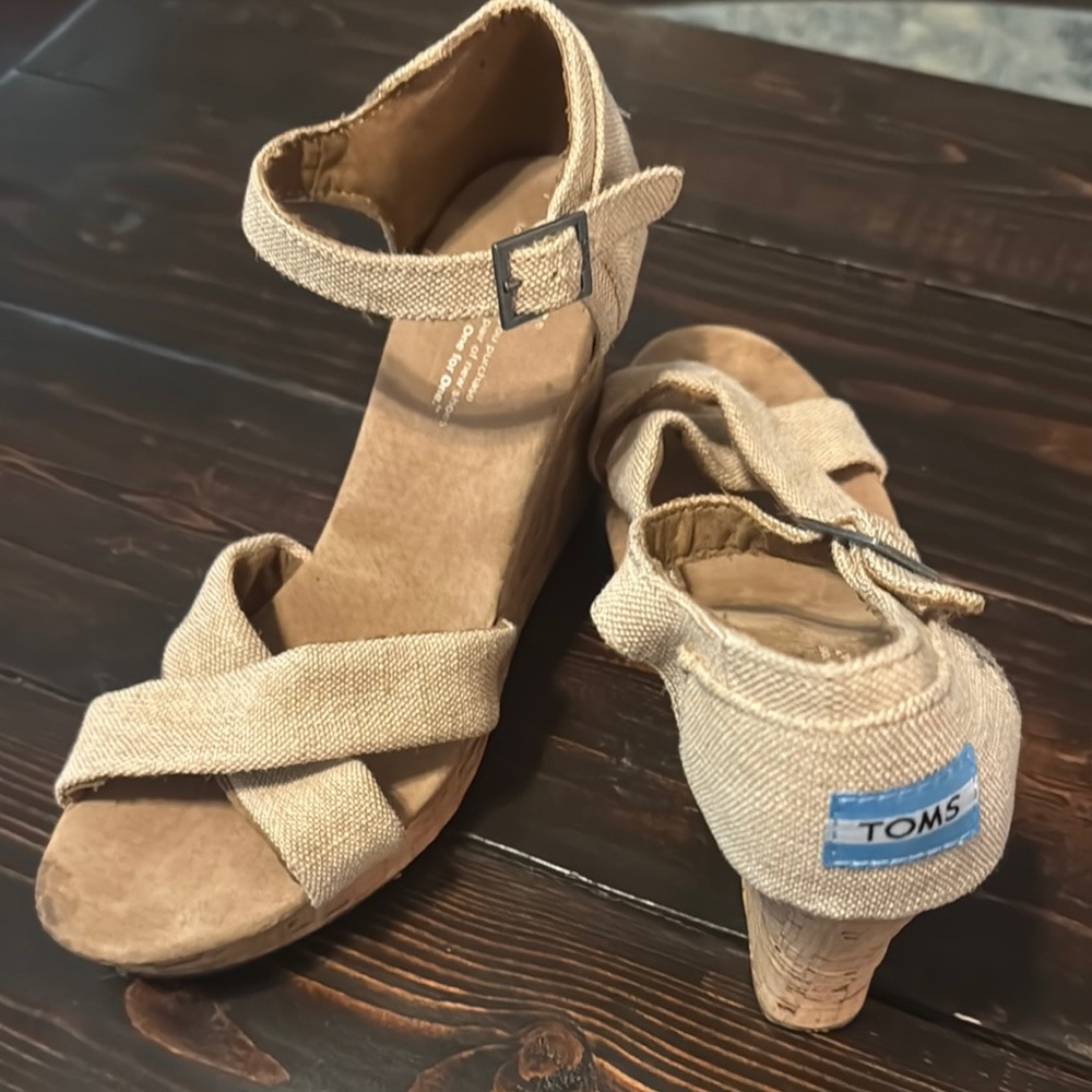 Toms Tan Wedges with Adjustable Ankle Strap
